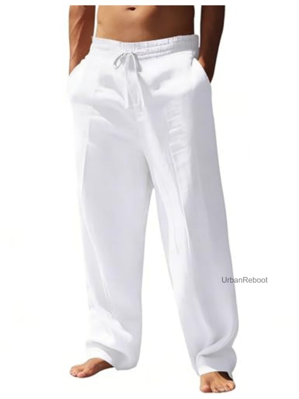 Mens Cotton Linen Pants Drawstring Loose Fit Summer Beach Trousers